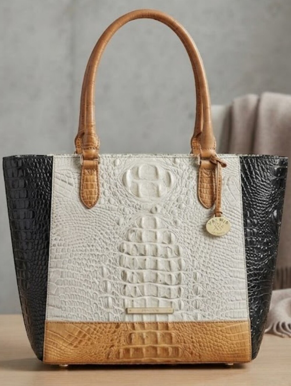 Brahmin Tri-Panel Croc-Embossed Tote in Black, Gray & Tan